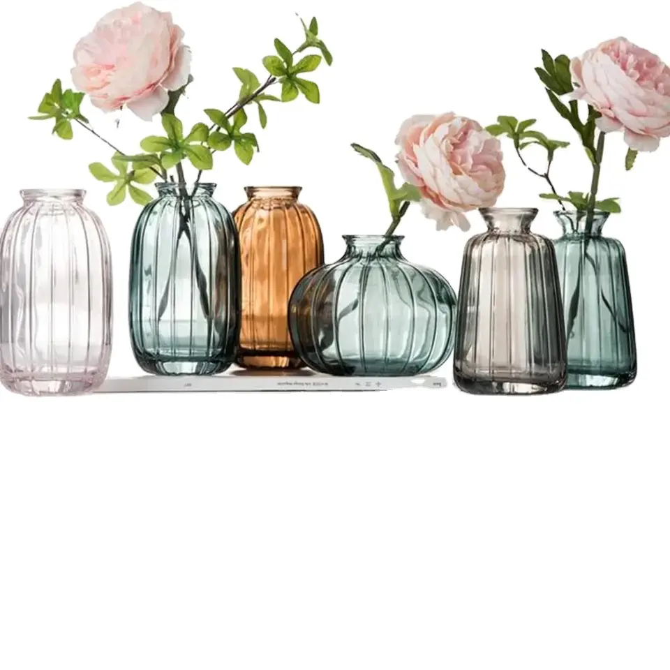 Nuovo nordic rotondo piccolo Vintage a coste rosa grigio verde ambra colore bocciolo di vetro vaso per la decorazione domestica di nozze