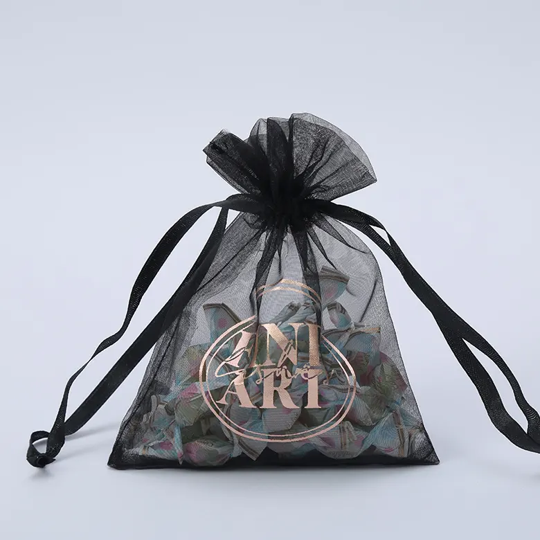 Personalizado preto Organza Drawstring sacos presente envoltório festa casamento reutilizáveis recicláveis Tulle Mesh sacos