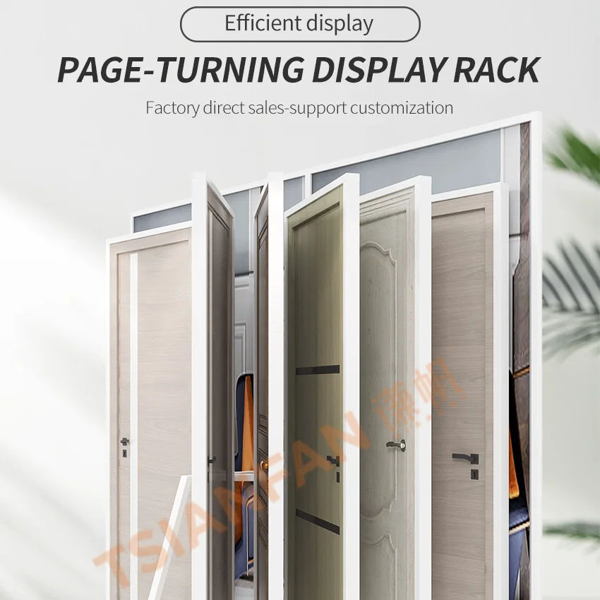 Tsianfan Factory Sale Floor Page-Turning Door Display Showroom Wooden Doors Cabinet Sample Rack Wing Wood Door Display Stand
