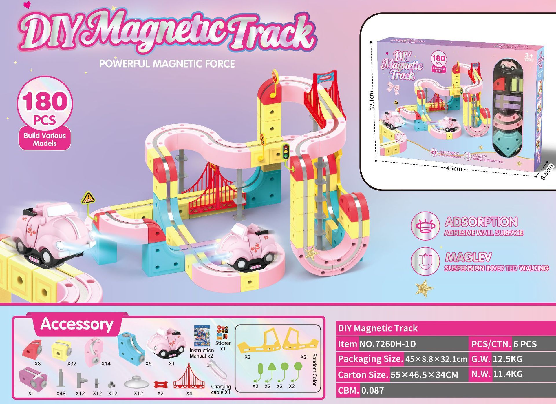 7260h-1d voiture de piste pour filles rose-180 pièces