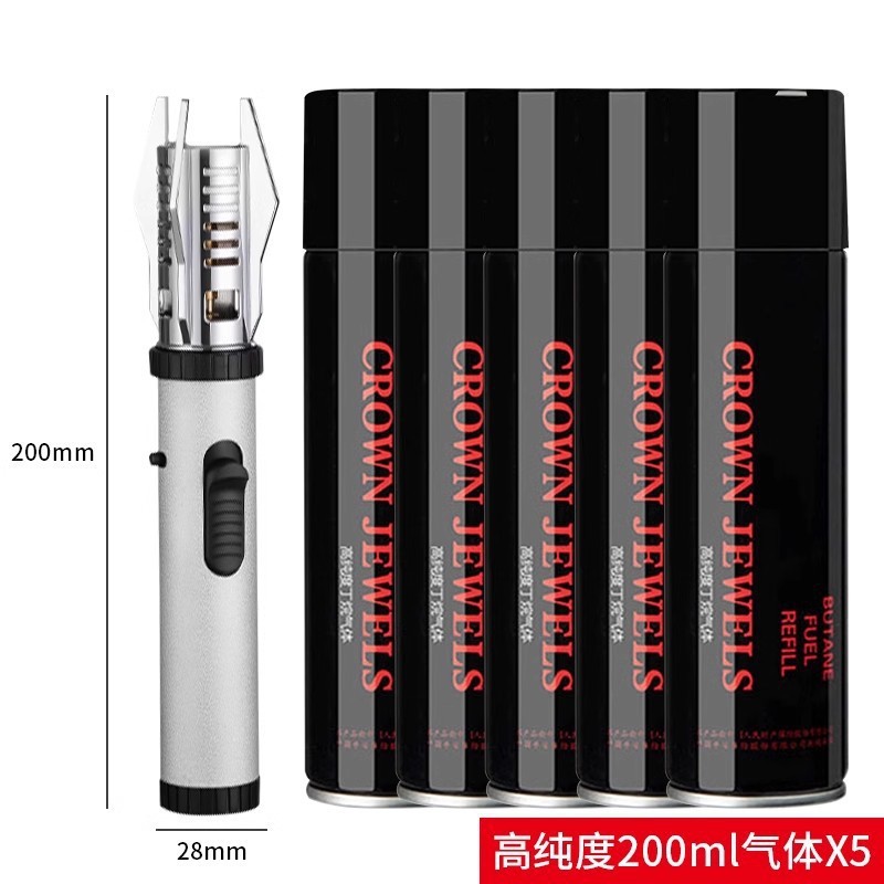 Five 200ml bottles of high-purity gas in frosted silver.