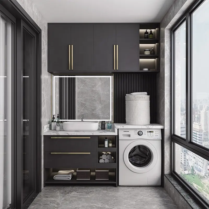 Armarios de almacenamiento de lavandería modernos, armario Modular gris de acero inoxidable con fregadero