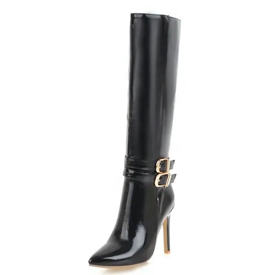 UE Plus Size 48 Mulheres Na Altura Do Joelho Botas De Cano Alto Stiletto de Metal Duplo Fivelas Botas Sexy Brilhante de Couro Longas Botas de Senhora sapatos