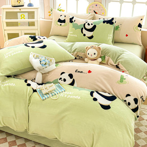 2024 New 200g small fresh milk velvet four-piece set autumn and winter printed cartoon four-piece set thickened