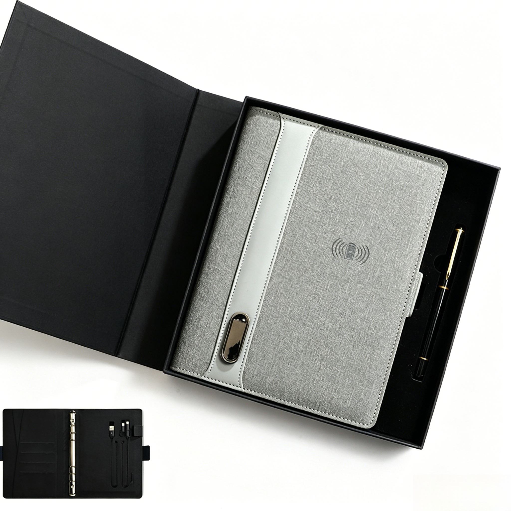 Gray power bank notebook with pen