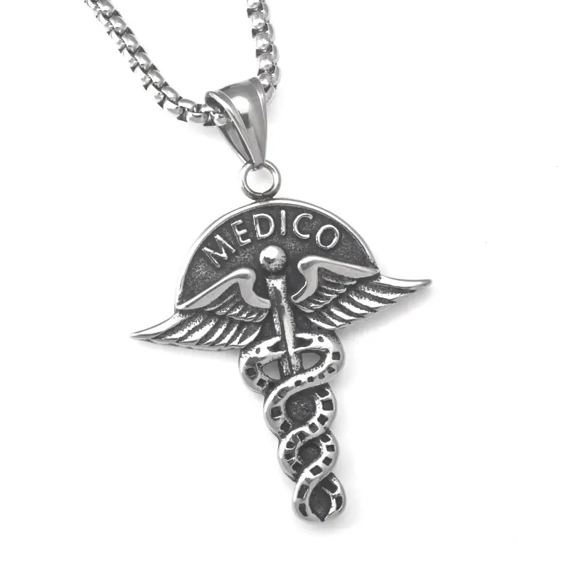 Nuevo Diseño de Moda Americana de acero inoxidable, señal de ayuda médica, collar médico con ala de Ángel, colgante de caduceo de serpiente doble, joyería