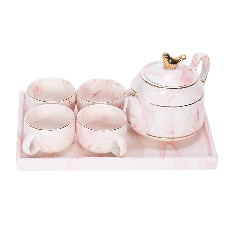 Vajilla de café elegante de porcelana de hueso, juego de té de cerámica de mármol rosa y gris, 4 tazas, 6 piezas