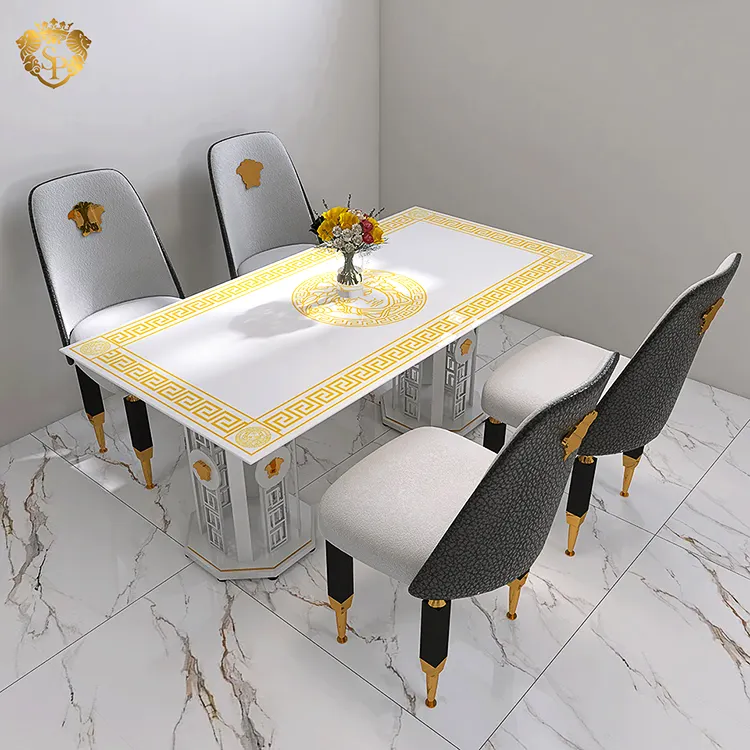 Juego de mesa de comedor moderno de lujo de piedra sinterizada personalizada, muebles italianos, mesa de comedor y sillas clásicas de oro blanco