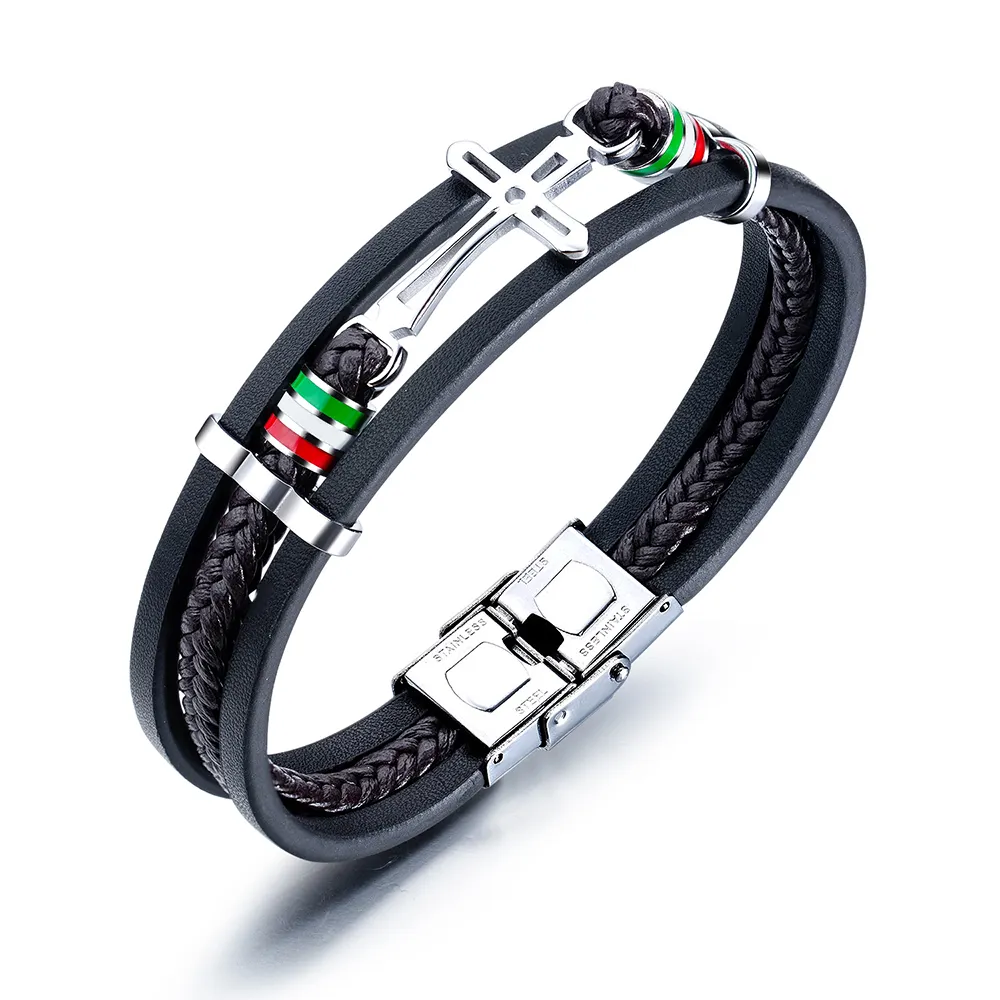 Retro multi-layer braided bracelet titanium steel leather Creative Cross accessories men's leather rope bracelet