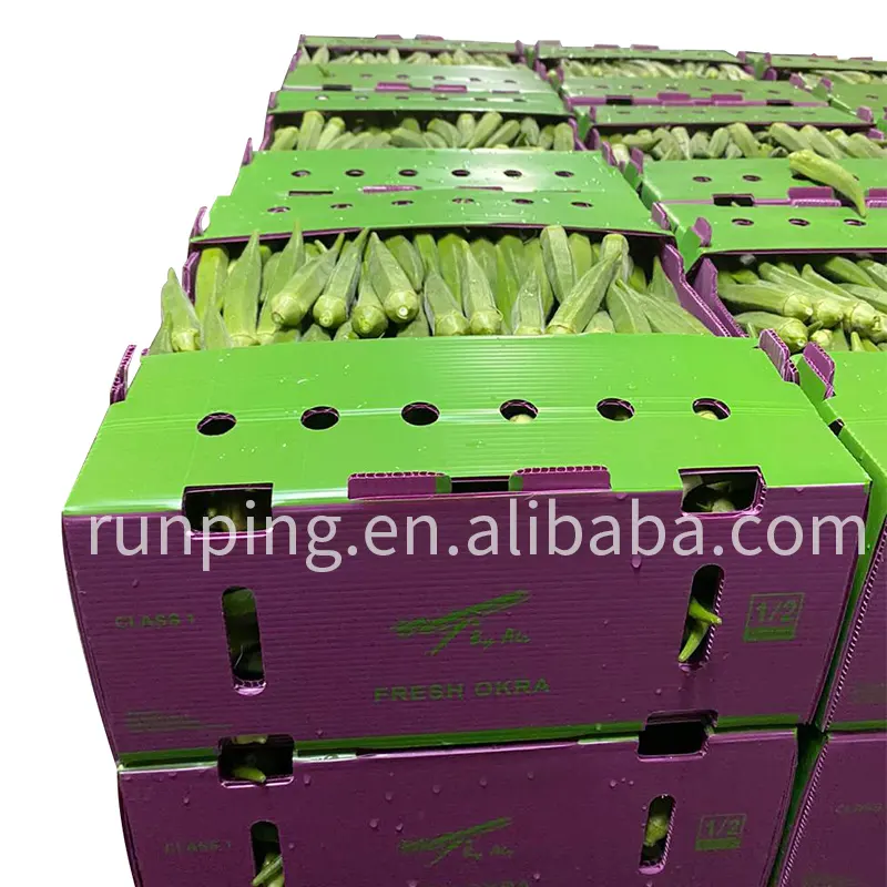 Al por mayor 4kg 5kg 7kg peso de carga caja de okra contenedores de almacenamiento de plástico corrugado cajas de frutas y verduras del almacén