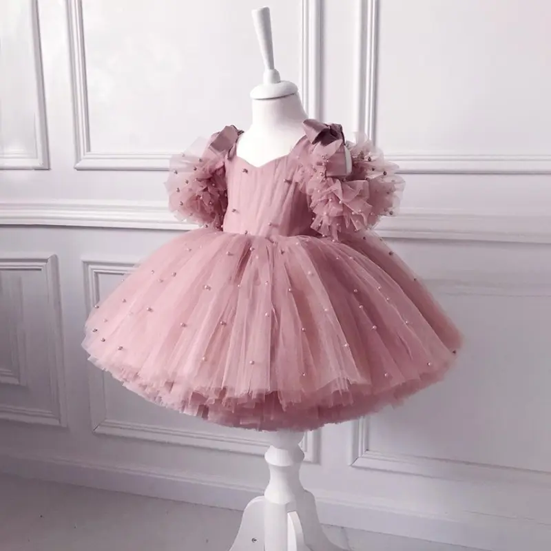 Sıcak satış çiçek kız elbise boncuklu örgü doğum günü prenses elbise puf kollu askı elbise etek için 3-8 yıl