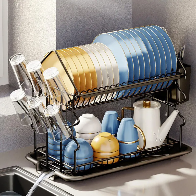 Large Metal Kitchen Countertop Dish Drying Rack Sink Plate Dish Draining Rack with Plastic Cutlery Tray