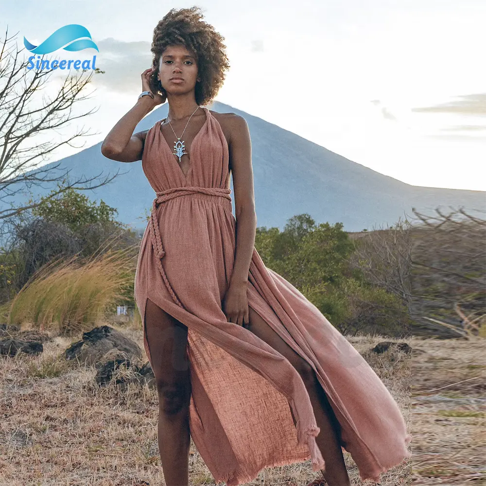 Vestido largo informal de lino y algodón con escote triangular para mujer, traje bohemio con escote en V profundo y espalda abierta