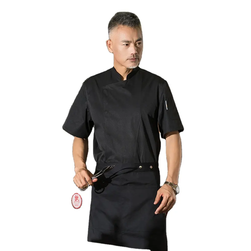 Uniformes manteau de serveur de directeur de restaurant avec pour chapeau de cuisine conception uniforme de chef noir blanc personnalisé