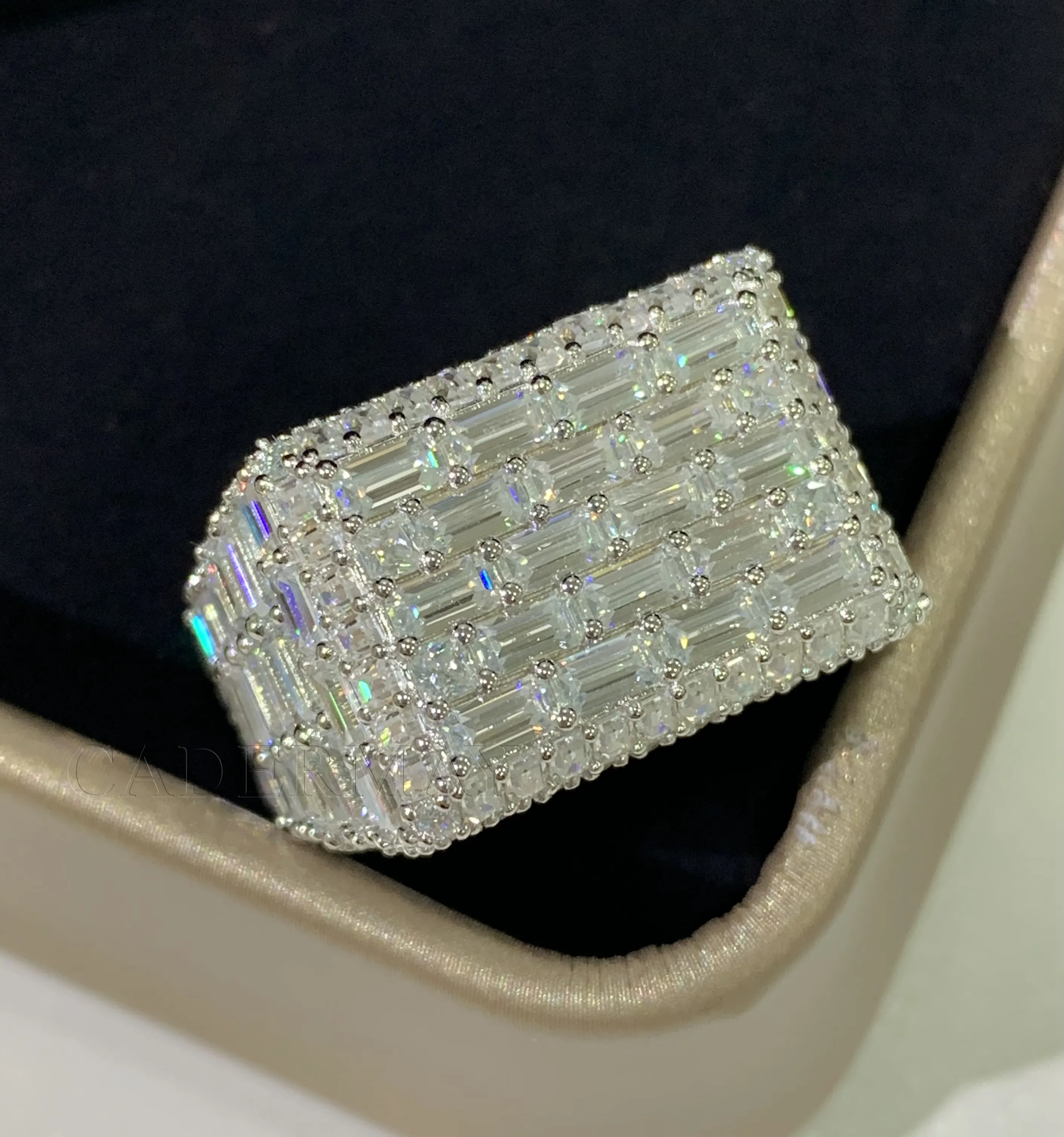 Bague Hip Hop Fine Jewelry Iced out VVS Baguette & Emerald Moissanite Diamond Silver ou 10K 14K Real Gold Square Rings