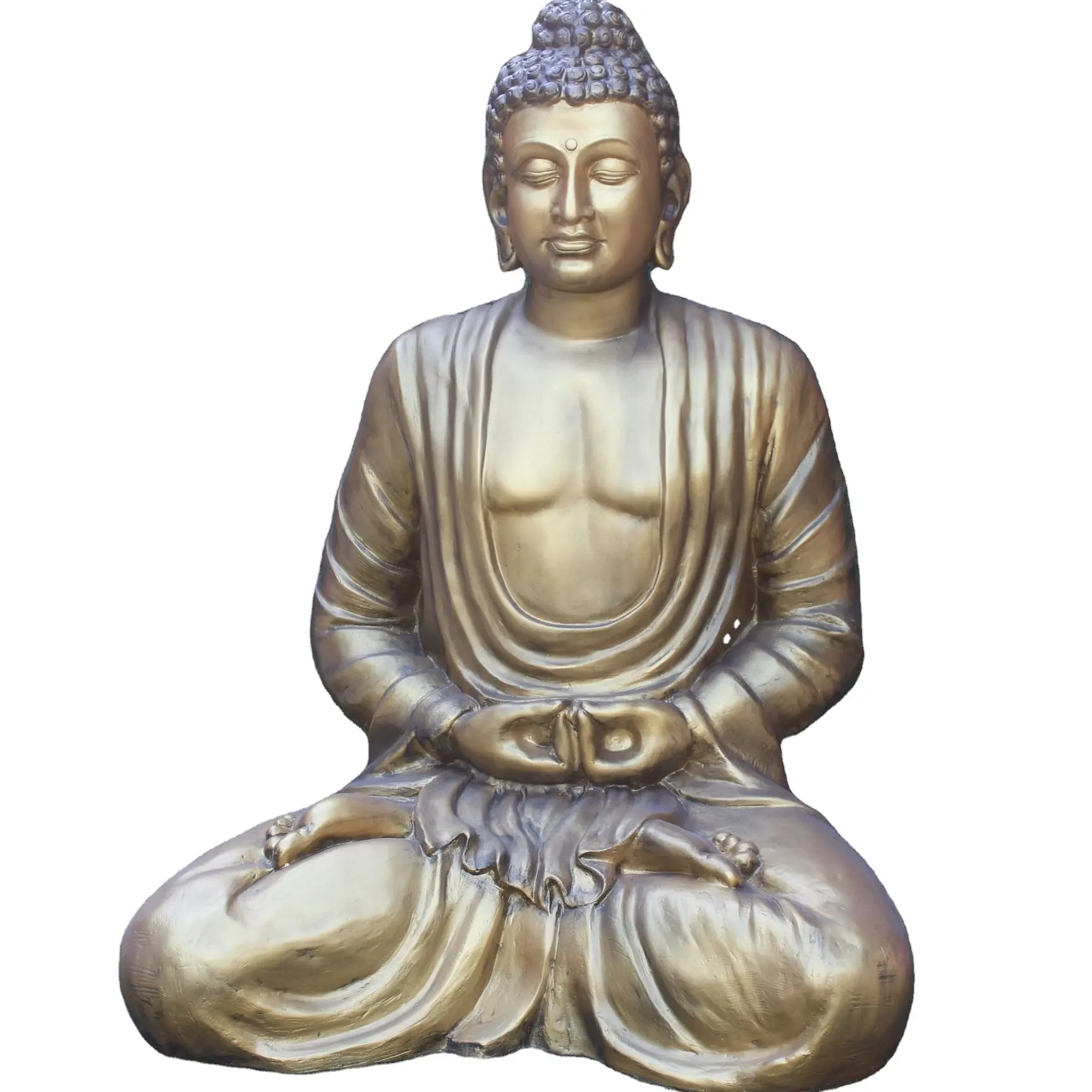 Statue de bouddha attrayant en fibre de verre, grande taille, conception de couleur or légère, méditation à la maison, exposition de mules, jardin