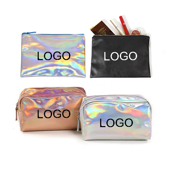 Benutzer definierte Logo Hologramm kosmetische Reisetasche Luxus Make-up Organizer Fall schwarz Reiß verschluss holo graphische Faux Pu Leder Make-up Beutel Tasche