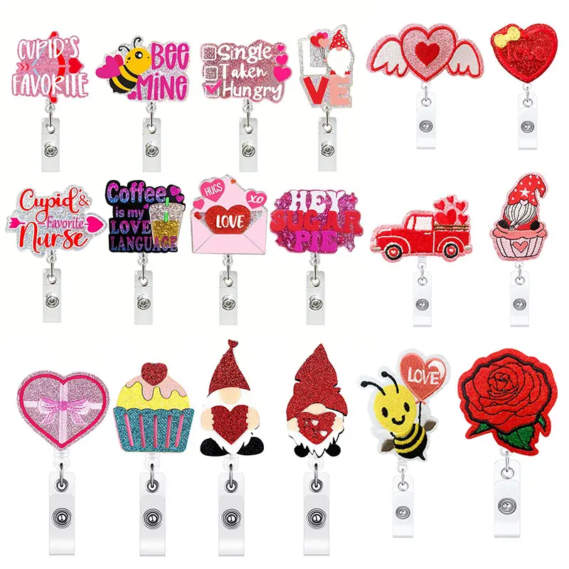 Porte-badge design pour accessoires de mariage Porte-clés acrylique Saint Valentin Cadeau de Saint Valentin Clip anti-perte Bobine de badge rétractable