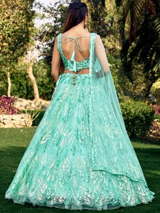 ゴージャスなターコイズブルーネットLehenga複雑な糸刺繍入り作品限定インドスタイルソフト素材 - Product Image 3
