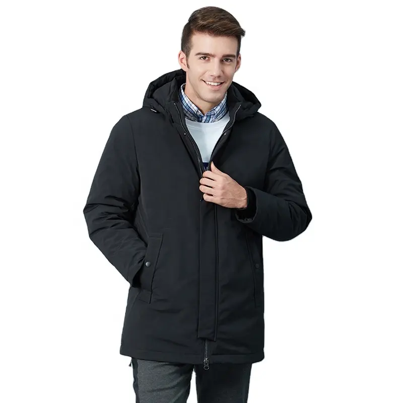 Chaqueta larga con capucha para hombre, abrigo largo de material suave, cálido, a la moda, color negro, TANBOER-TA18679