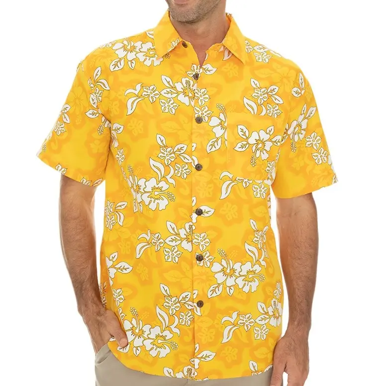 Camisa hawaiana con estampado de hibisco amarillo abotonada para hombre de nuevo estilo, camisas Aloha al por mayor