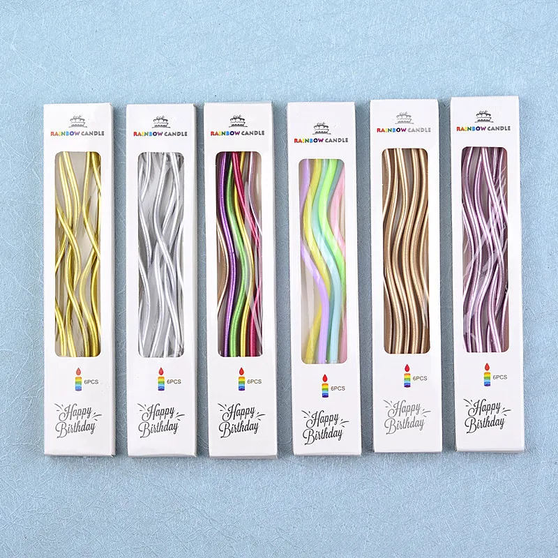 Factory Direct Metallic Candles 6PCS Box Spiral Long Thin Candle For Wedding Birthday Cake Decorations