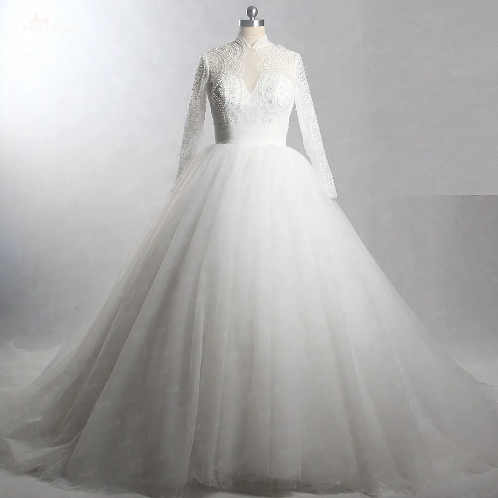 RSW255 실제 작업 사진 긴 소매 레이스 구슬 볼 가운 구매 웨딩 드레스 중국에서