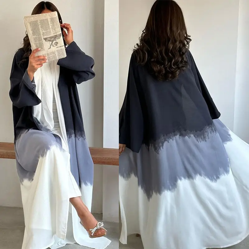 Neuankömmling Islamische Kleidung Kimono Anti-Pilling Cardigan Mantel Atmungsaktiv Abayas Tie Dye Frauen Muslim Kleid Front Open Abaya