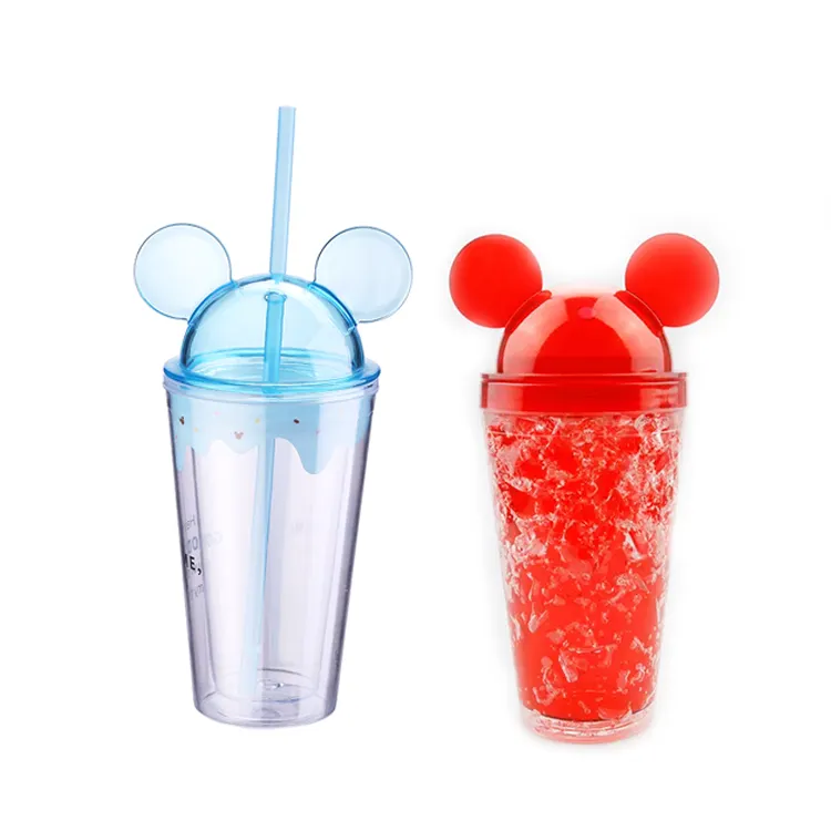 Taza de plástico para orejas de Mickey congelador, sin BPA, Grado Alimenticio, 450ML, transparente, acrílico, doble pared, venta al por mayor