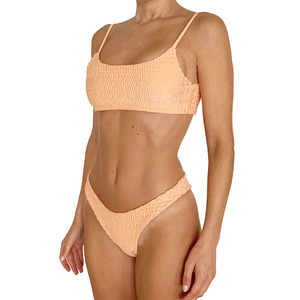 Alta Moda de Duas Peças <span class=keywords><strong>Bikini</strong></span> Swimwear Personalizado Smocked Tecido em Preto Laranja Vermelho Amarelo Sheer <span class=keywords><strong>Micro</strong></span> <span class=keywords><strong>Bikini</strong></span> para Surf Beachwear