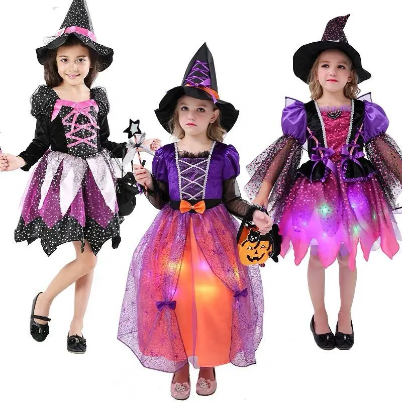 Schöne Phantasie Led Light Up Kinder Kinder Hexen Kleid Kostüm für Mädchen Halloween