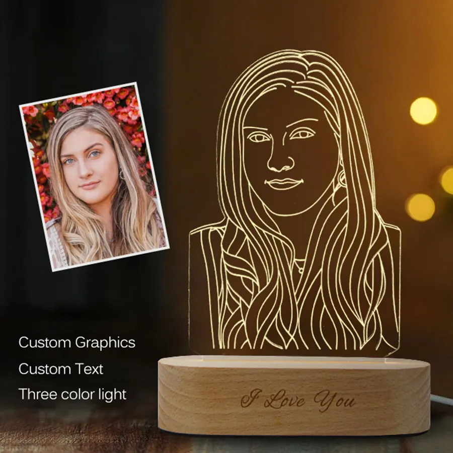 Luz noturna com foto personalizada 3d, lâmpada de madeira com foto personalizada para decoração de casa de casamento presente de natal e feriado