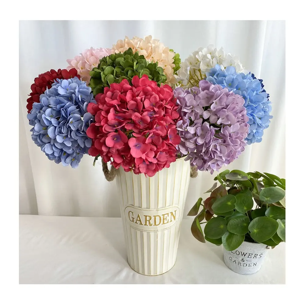 도매 시뮬레이션 꽃다발 화환 및 식물 장식 흰색 보라색 실크 수국 인공 꽃 장식 결혼식