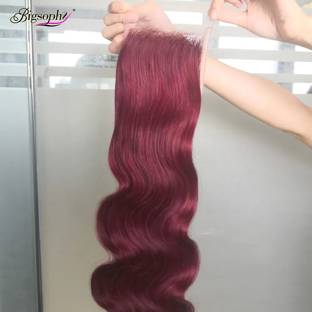 Dropshipping capelli non trattati 99j colore del vino Vietnam capelli onda del corpo 4x4 chiusura pizzo, chiusura del merletto dei capelli all'ingrosso dalla cina