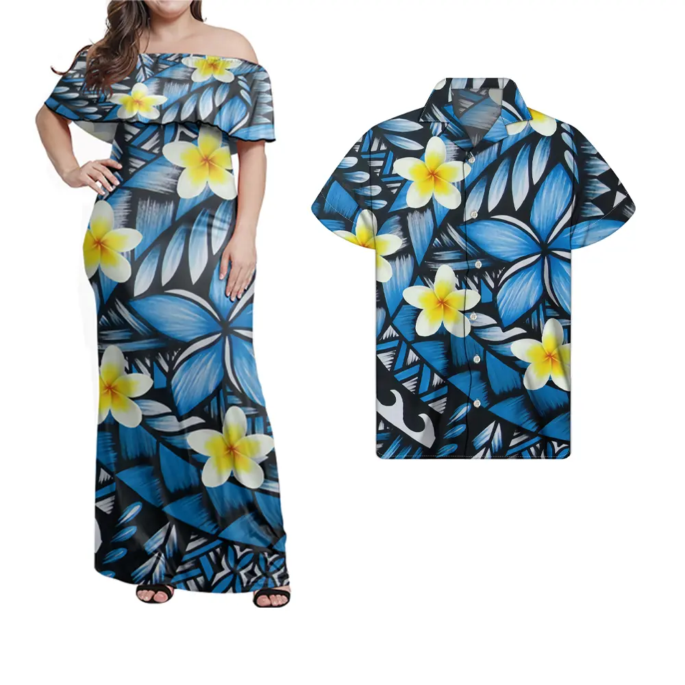 Vestido de talla grande Floral con hombros descubiertos para hombre y mujer, conjunto de ropa de manga corta con estampado Tribal polinesiano para parejas, venta al por mayor