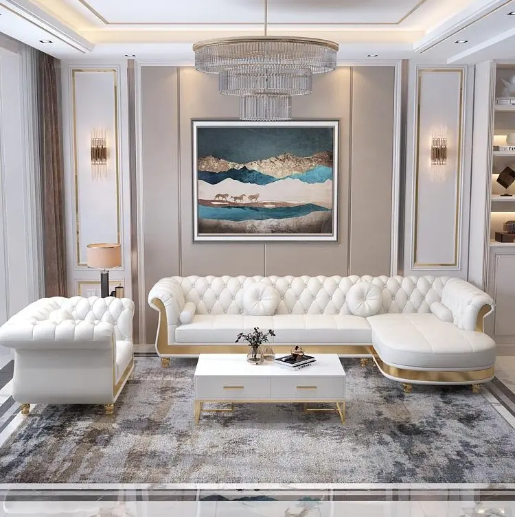 Bestseller Produkt Italienischer Luxus Royal Beige Gepolsterter Samt Chesterfield Sofa Set Wohnzimmer möbel für Hotelprojekt