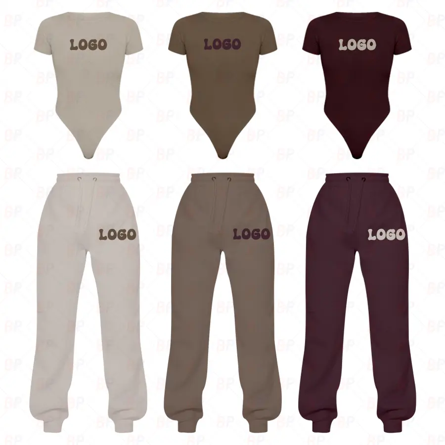 Özel LOGO organik pamuklu kumaş 2 parça kırpma üst Bodysuit Jogger seti iki parçalı Loungewear setleri salonu giyim setleri kadın giyim