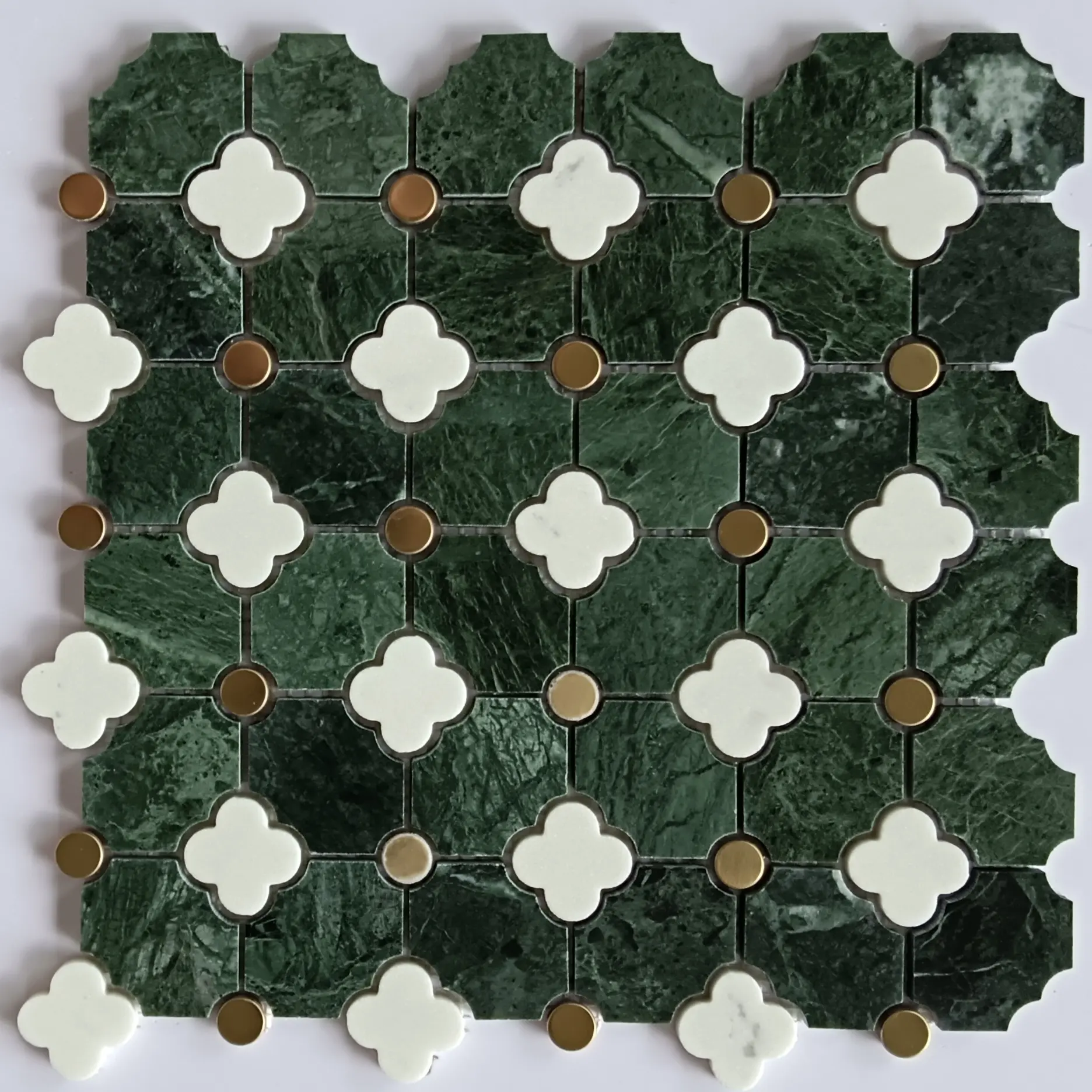 Azulejo de mosaico hexagonal de lujo para baño, salpicadero de cocina, Thassos, piedra blanca, metal dorado, cobre, latón, chorro de agua, azulejo de mosaico de mármol