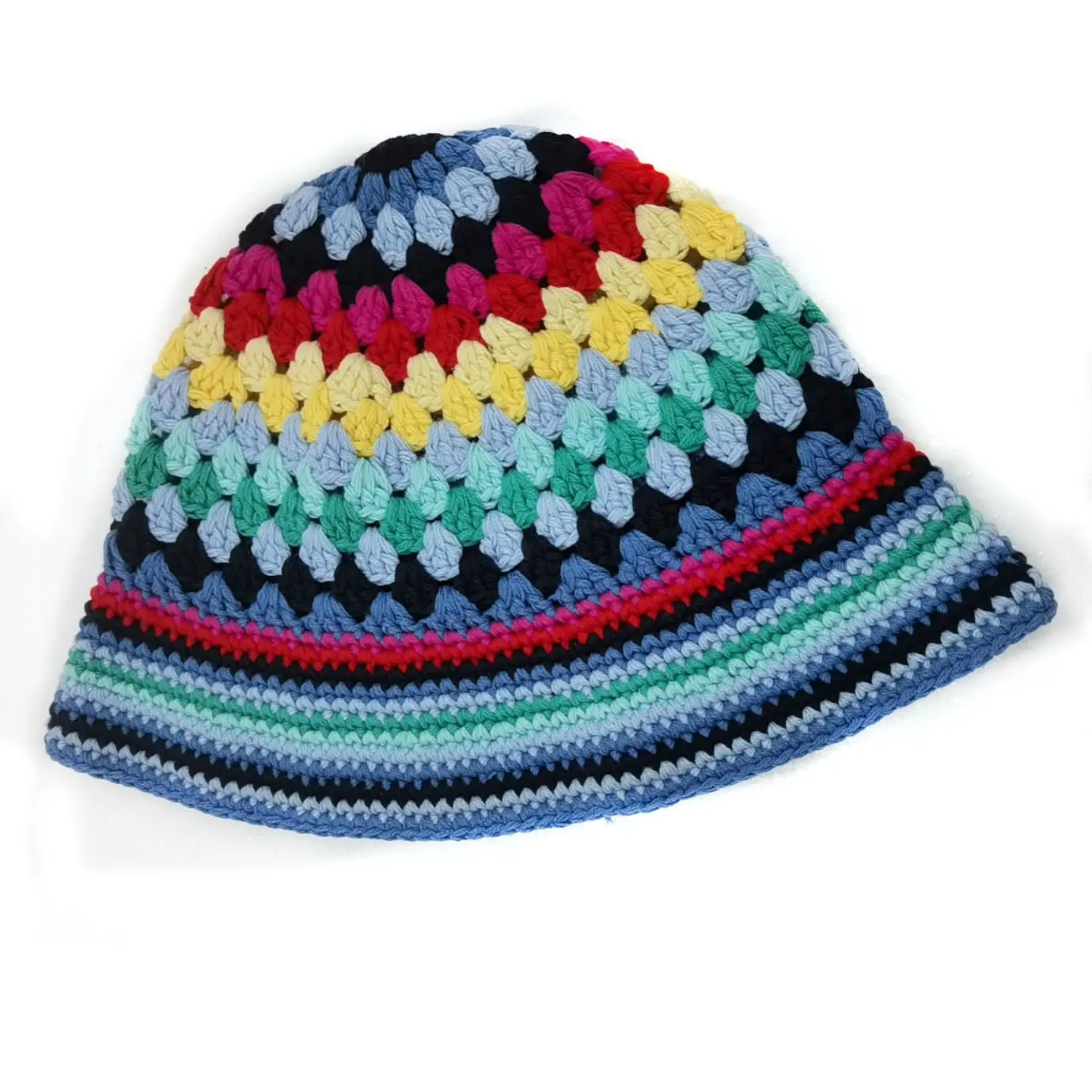 Japanese Women Girls handmade crochet contrast rainbow stripe knitting fisherman hat