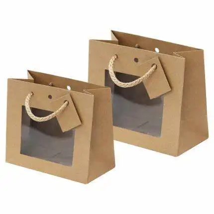 Bolsa de papel Kraft con ventana transparente, embalaje personalizado, yute, marrón