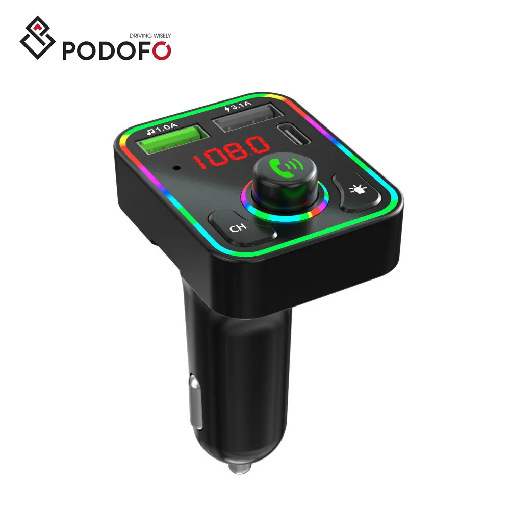 Podofo BT-transmisor FM inalámbrico para coche, Kit de reproductor MP3 de carga rápida, cargador de coche, encendedor de cigarrillos, puerto USB Dual tipo C