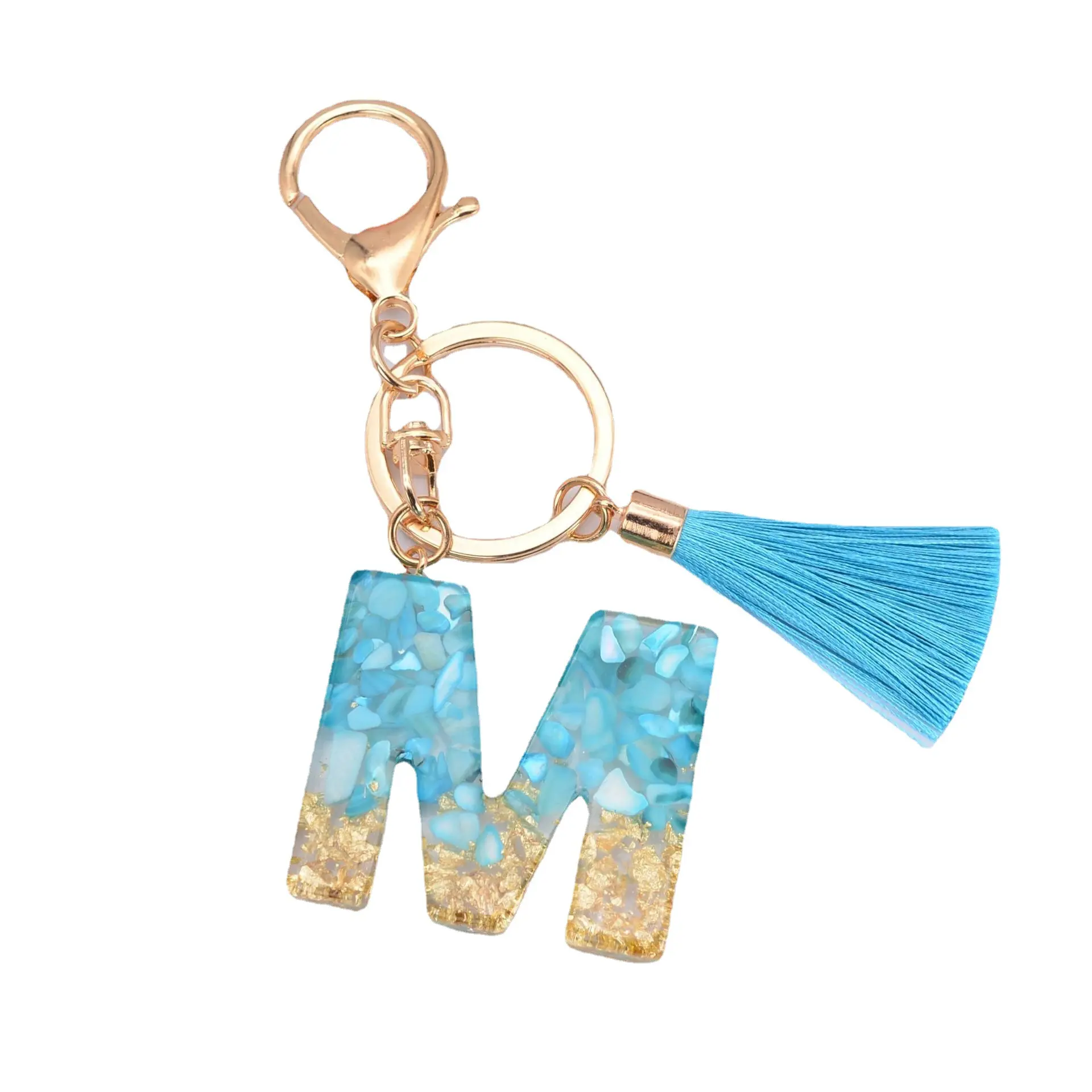 New Fashion English Letter Keychain With Tassel Blue A-z Keyring Glitter Sequins Filling Resin Key Chain Gifts Accessories 2022