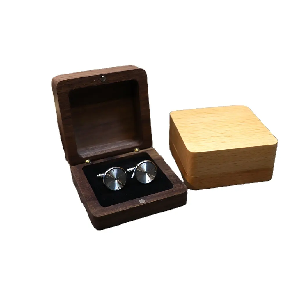Boîte d'emballage de boutons de manchette en noyer noir à couvercle rabattable-boîte cadeau Boutique en bois avec aspiration magnétique