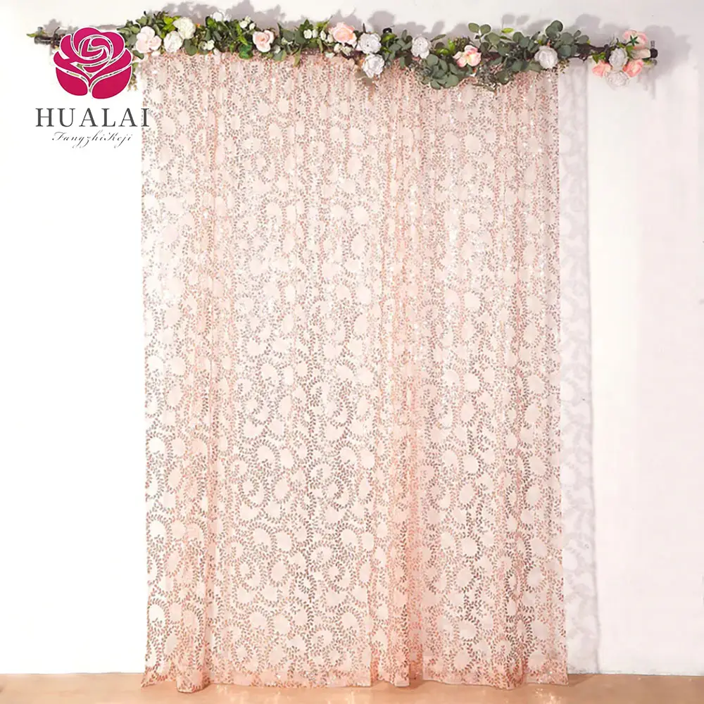 Sang trọng Rose Gold thêu sequin lá Sheer Tulle Xếp Nếp Backdrop Curtain Màn Bảng điều khiển cho tiệc cưới bên sự kiện trang trí nội thất