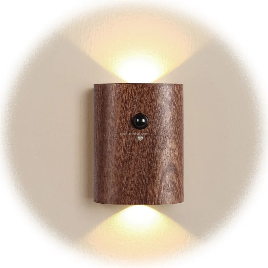 Lâmpada de indução corporal sem fio para parede interior, LED com sensor de movimento Pir magnético inteligente de madeira, luz noturna LED inteligente