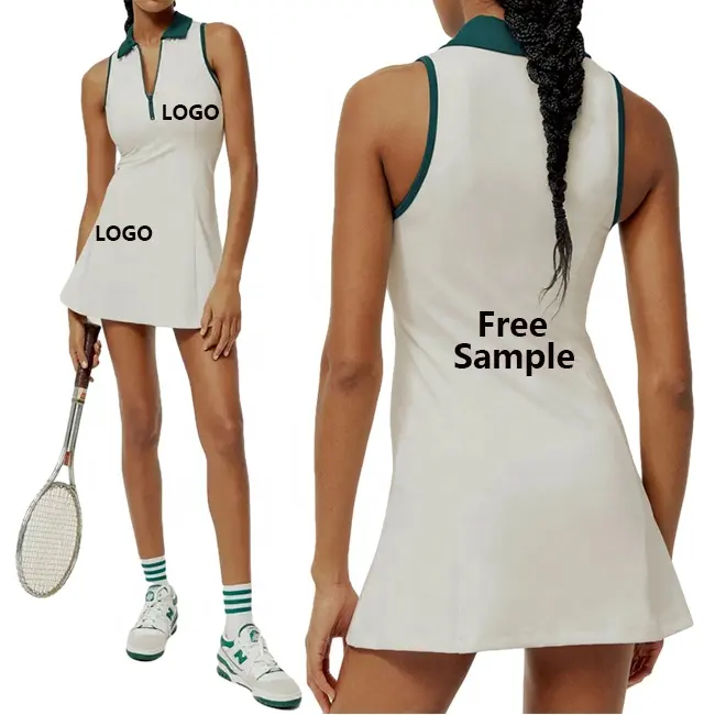 Vente en gros de robe de tennis pour femme à col zippé, coupe droite, couleur contrastée, robe polo de golf sans manches pour femme