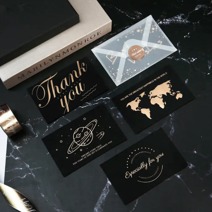 Gold Foil Black Paper Heartfelt Thank You Wedding Invitation Card With Transparent Glassine Envelope