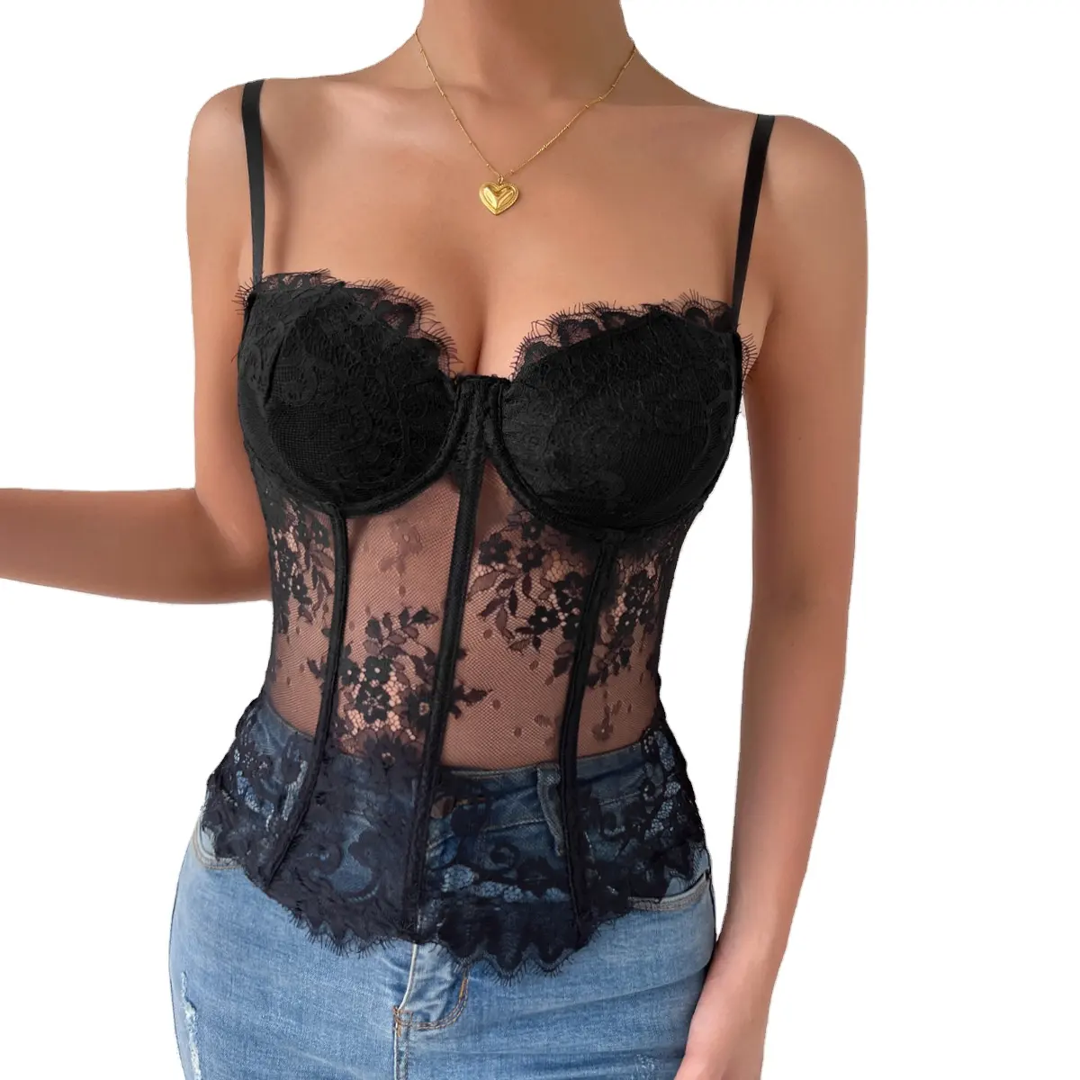 Camisola Sexy de encaje transparente para mujer y niña, corpiño fino, Sexy