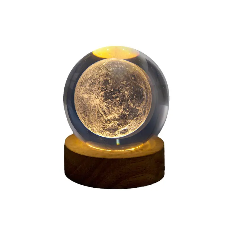 Boule de cristal cadeau d'anniversaire décoration solide système solaire lune ronde base en bois lampe de bureau blanc chaud veilleuse