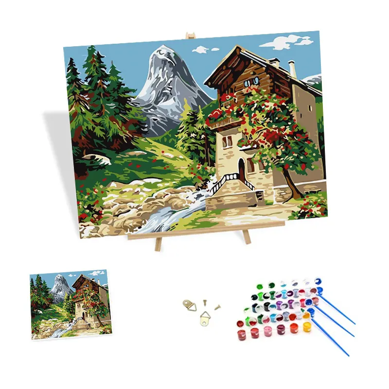 Lukisan minyak 3d dengan angka Kit DIY lukisan tangan pemandangan alam dan lukisan pemandangan gereja dengan angka
